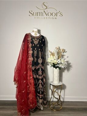 SumNoor's Black & Red Embroidered Maxi Dress